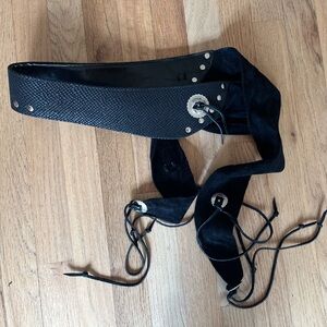 Black Waist Belt With Textured Leather, Western Style, Suede Tie